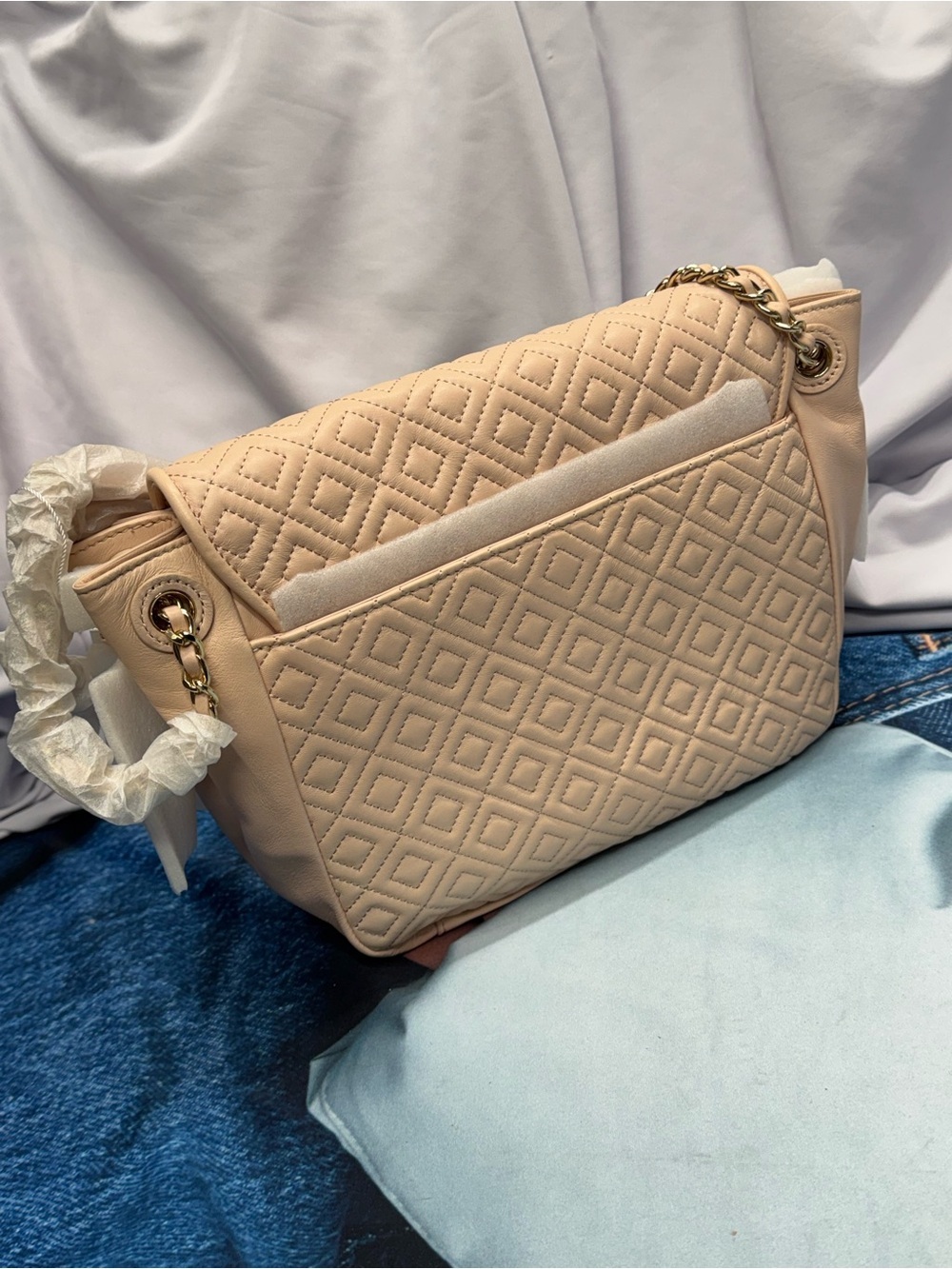 (new+tag) Tory Burch Quilted Chain Shoulder Bag / Crossbody Pale Pink Apricot - Picture 5 of 17